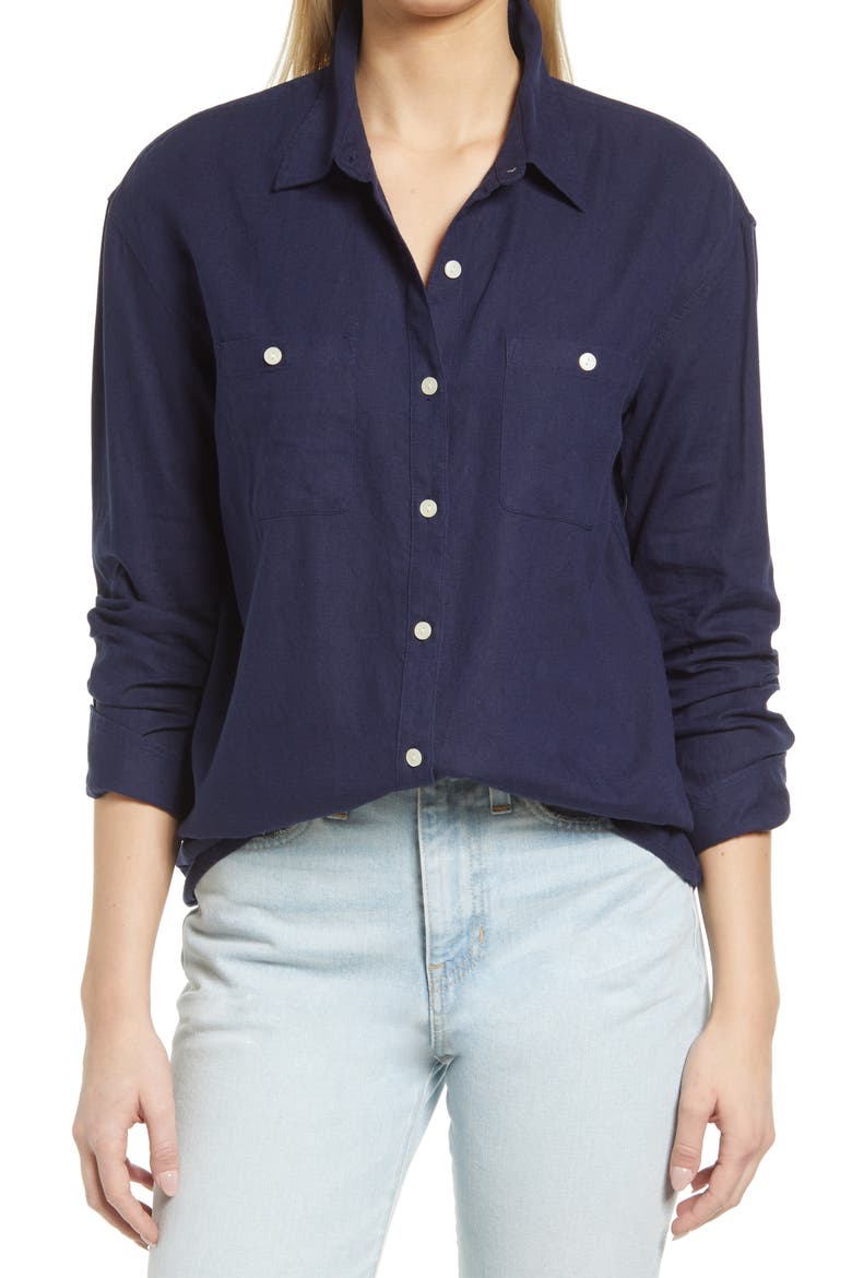 Women's Linen Button-Up Shirt, Main, color, NAVY PEACOAT