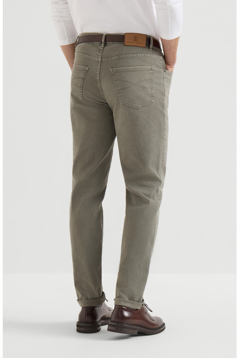 Garment-dyed comfort lightweight denim traditional fit five-pocket trousers, Alternate, color, Military