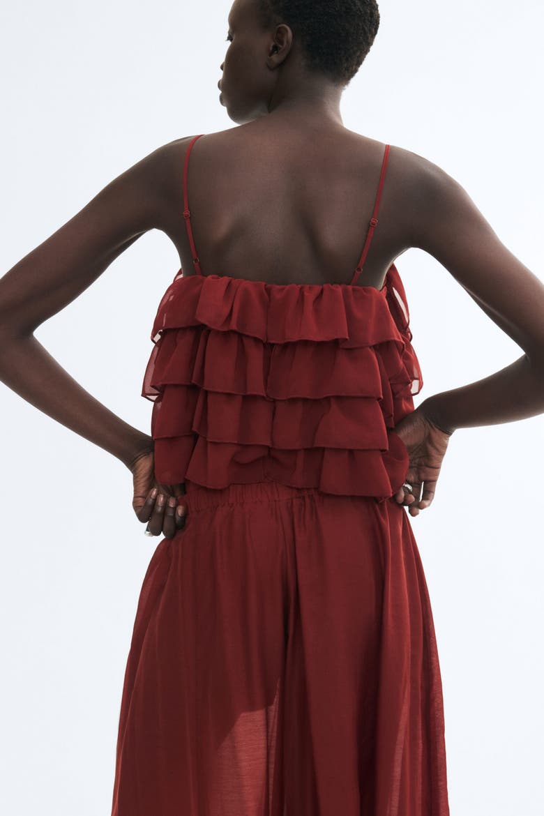 Ruffled Open-Shoulder Bodysuit, Alternate, color, Dark red