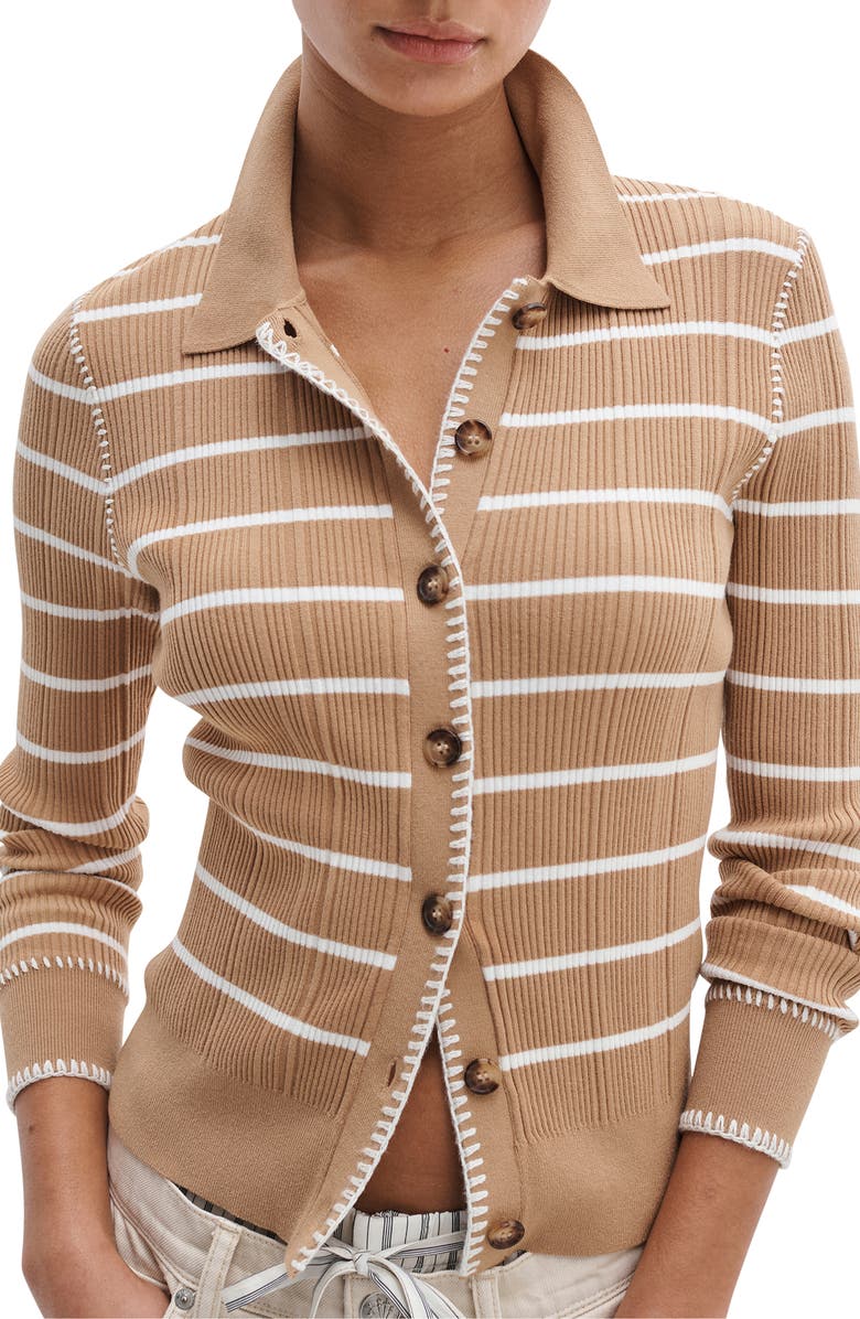 rag & bone Harper Stripe Cardigan, Alternate, color, Camel