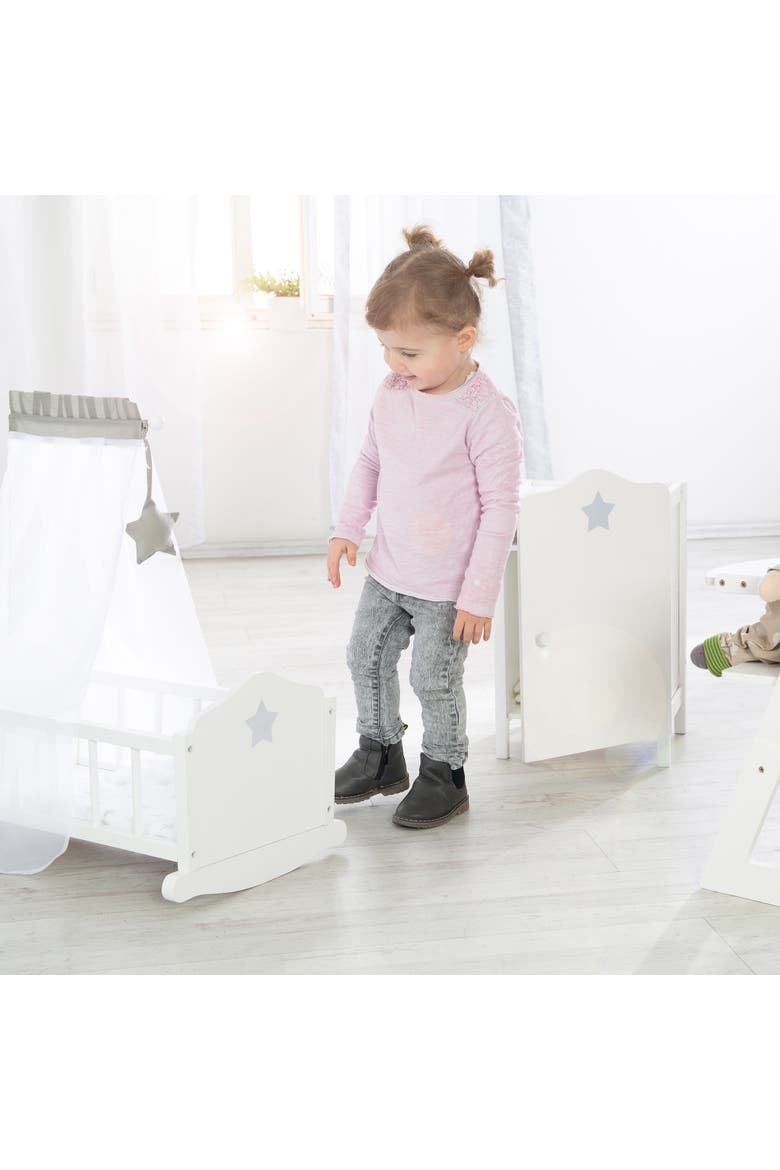 Roba Doll Cradle Set Stella Star, Gray & White Includes Hanging Mobile, Alternate, color, White