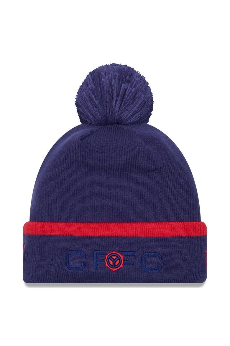 Men's New Era Navy Chicago Fire Wordmark Kick Off Cuffed Knit Hat with Pom, Main, color, Navy