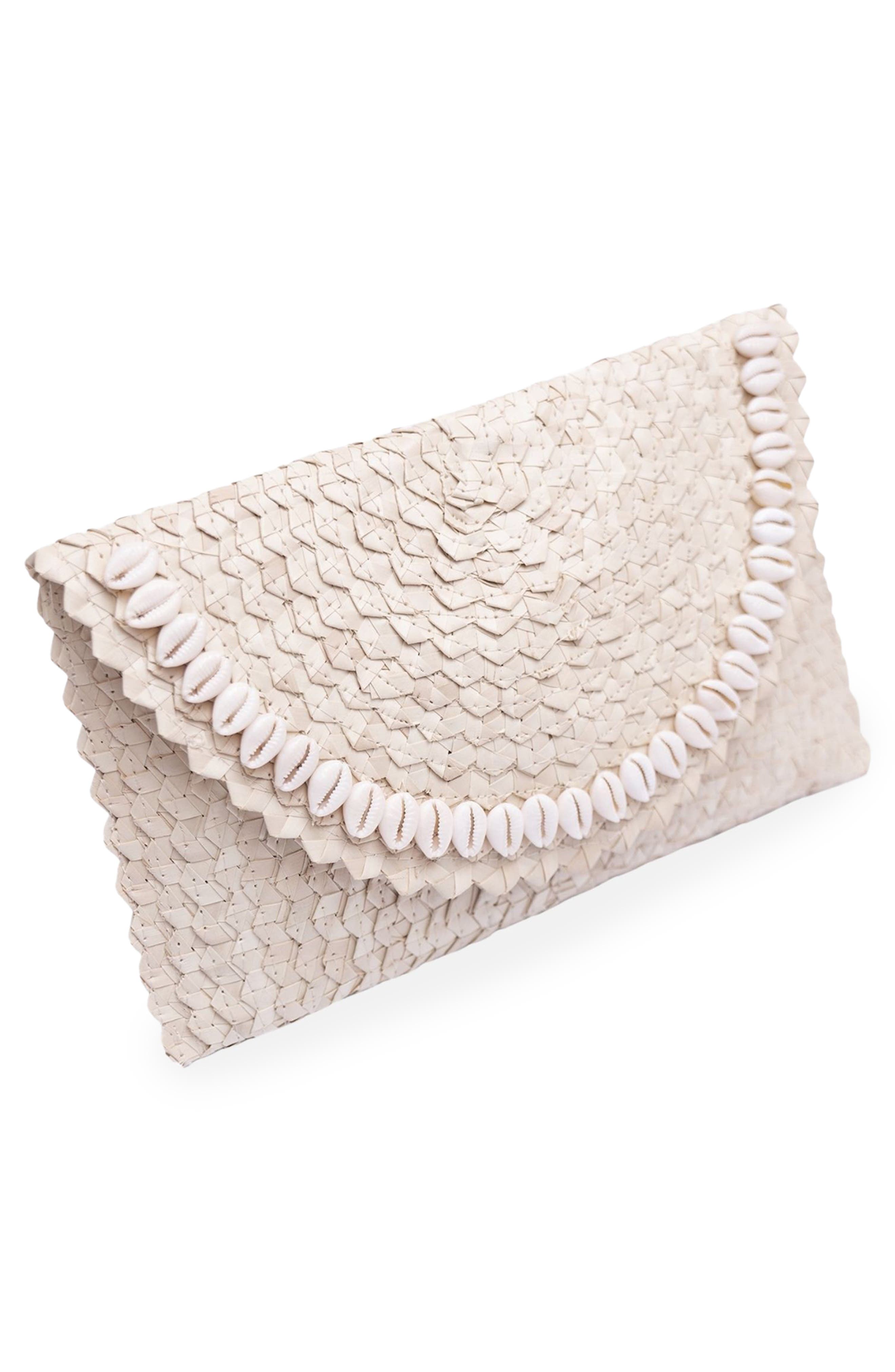 Coco Seashell Trim Raffia Clutch, Alternate, color, WHITE