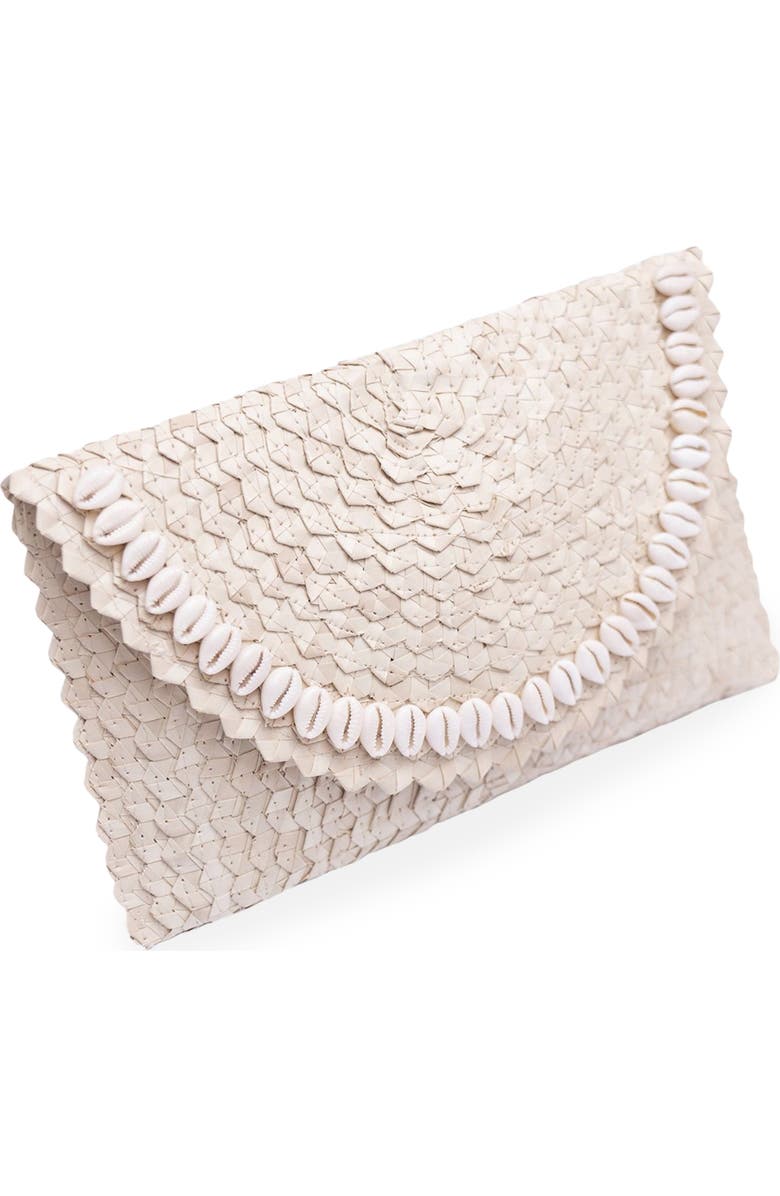 Jelavu Coco Seashell Trim Handwoven Raffia Clutch, Alternate, color, White