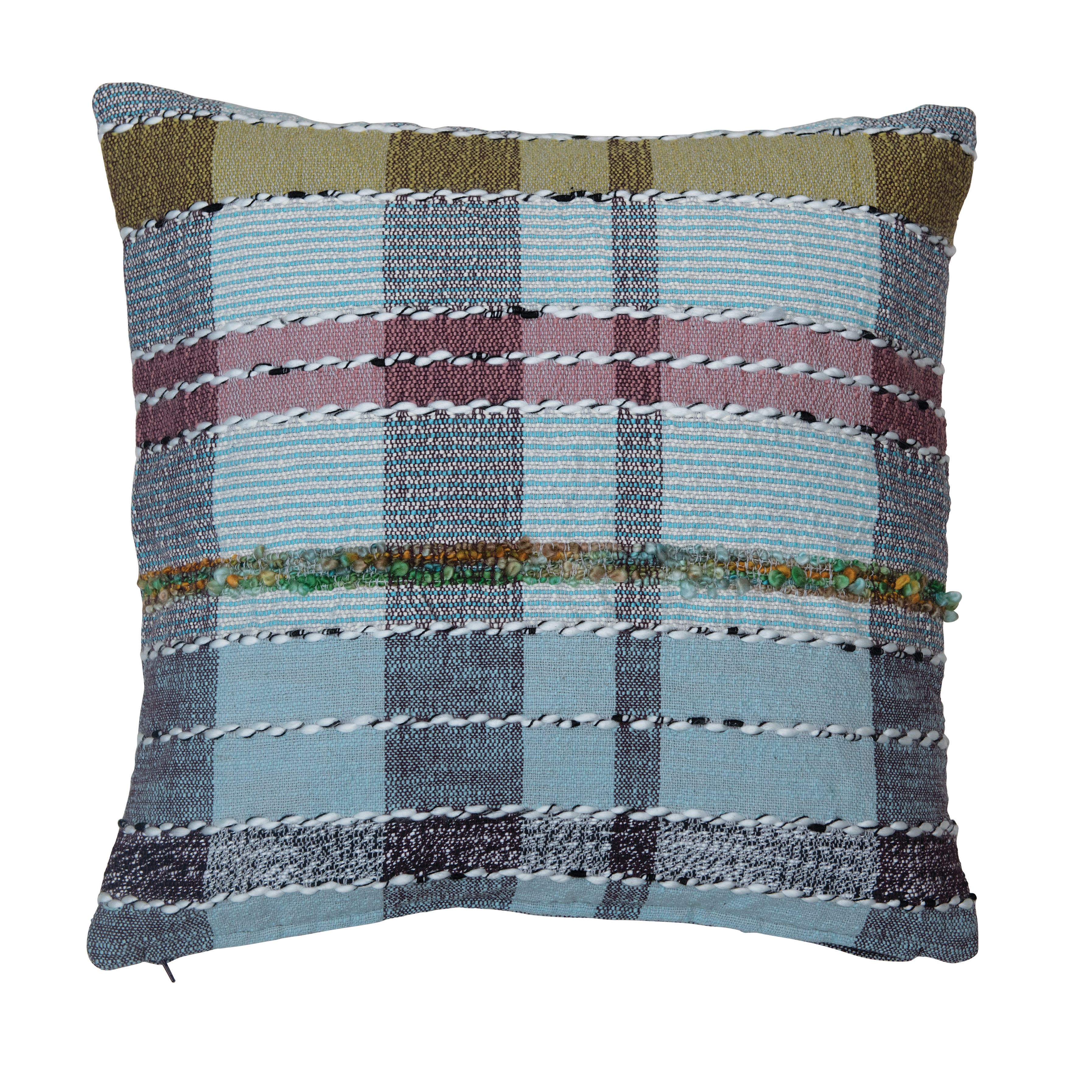 Storied Home Woven Cotton And Wool Madras Plaid Pillow With Chambray Back, Multicolor In Blue
