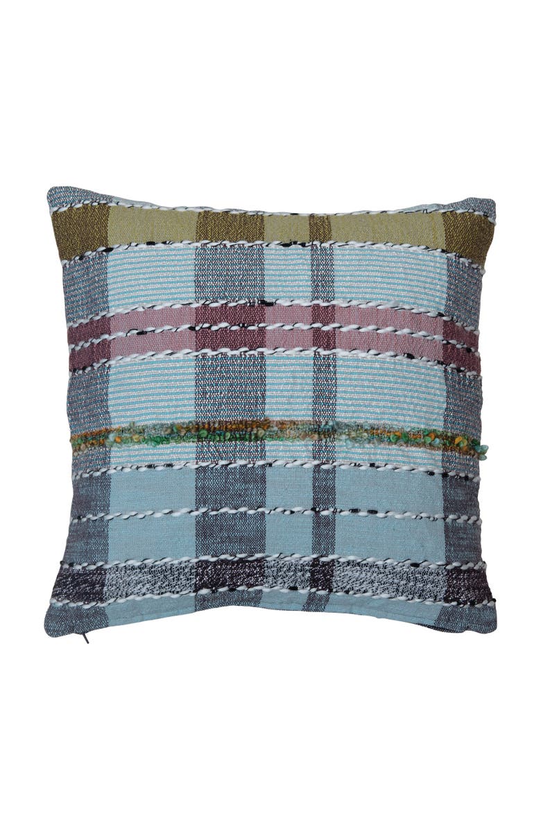 Storied Home Woven Cotton and Wool Madras Plaid Pillow with Chambray Back, Multicolor, Main, color, Blue