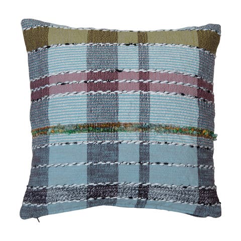 Woven Cotton and Wool Madras Plaid Pillow with Chambray Back, Multicolor