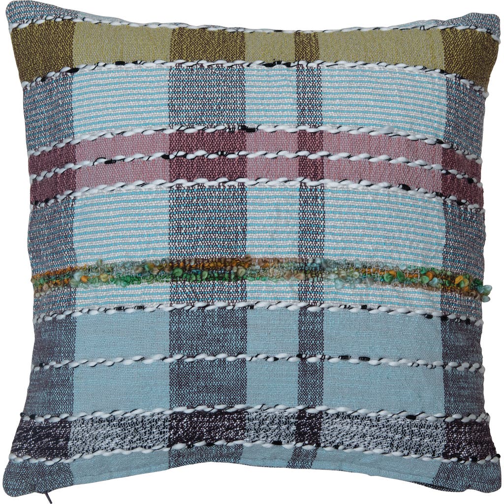 Storied Home Woven Cotton And Wool Madras Plaid Pillow With Chambray Back, Multicolor In Blue