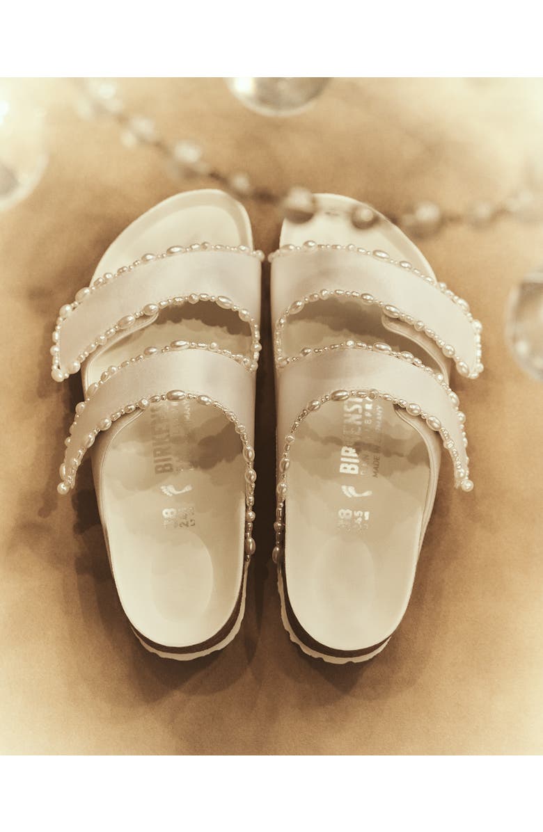 Birkenstock x Danielle Frankel x Danielle Frankel Arizona Satin & Faux Pearl Slide Sandal, Alternate, color, White