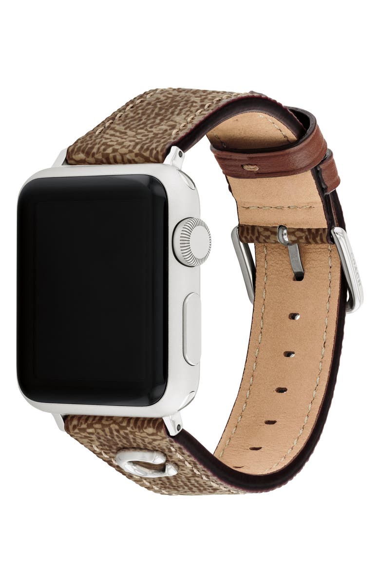 COACH 20mm Apple Watch<sup
®</sup
 Watchband, Alternate, color, Brown