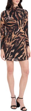 DONNA MORGAN FOR MAGGY Tiger Stripe Mock Neck Long Sleeve Minidress