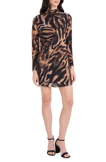 Donna Morgan For Maggy Tiger Stripe Mock Neck Long Sleeve Minidress In Brown