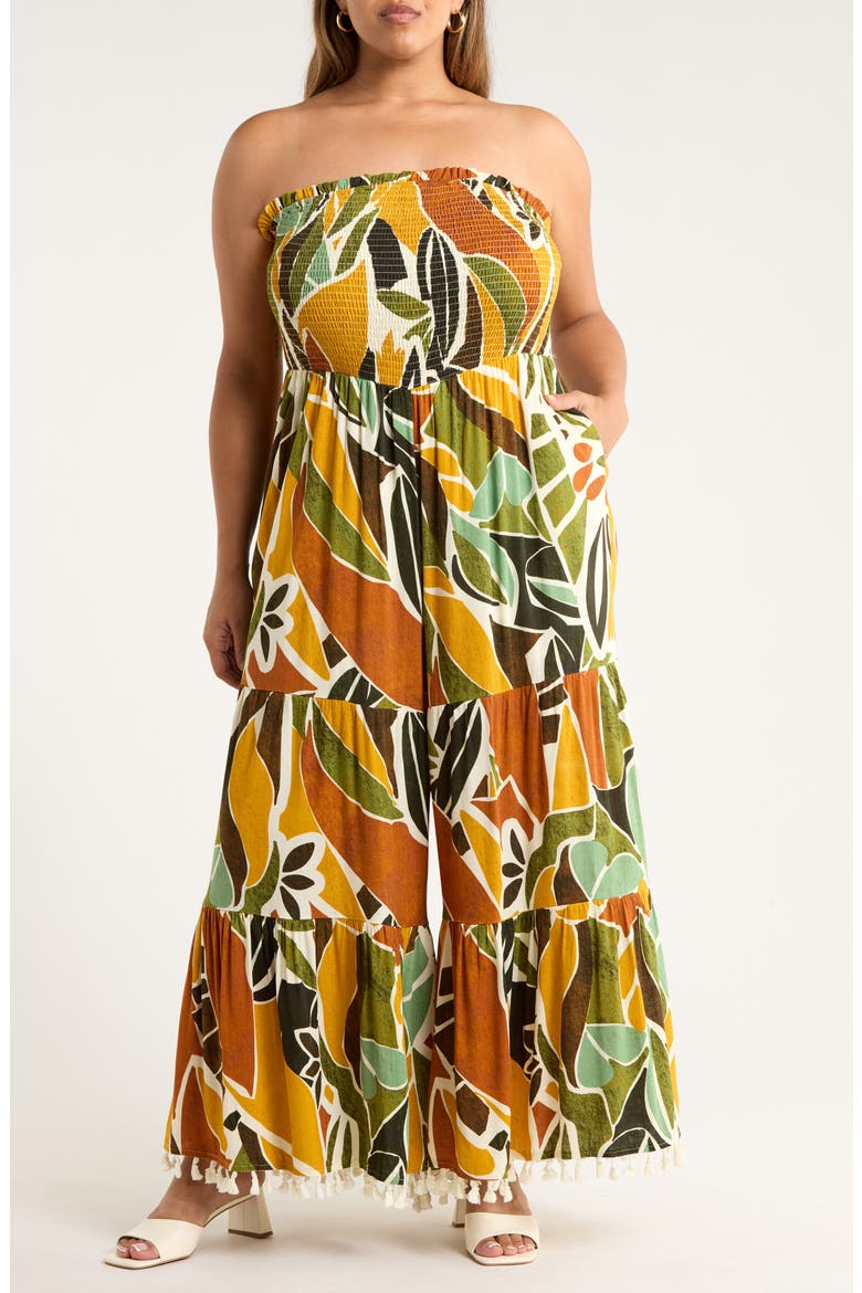 Renia Tropical Eve Strapless Jumpsuit, Main, color, BROWN-ORANGE