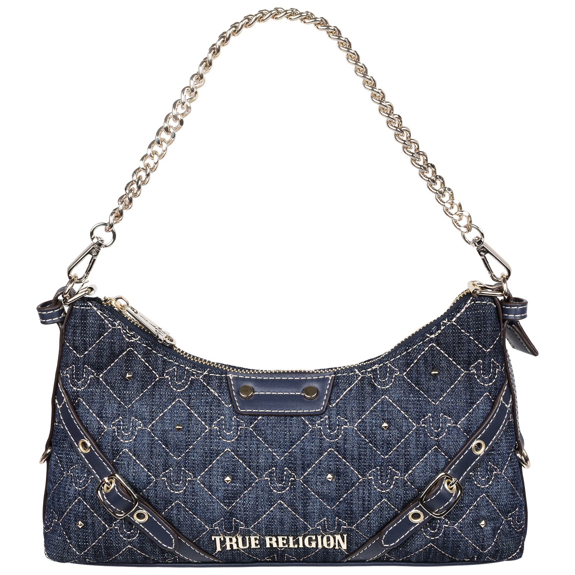 True Religion Studded Denim Chain Shoulder Bag, Alternate, color, Dark Denim