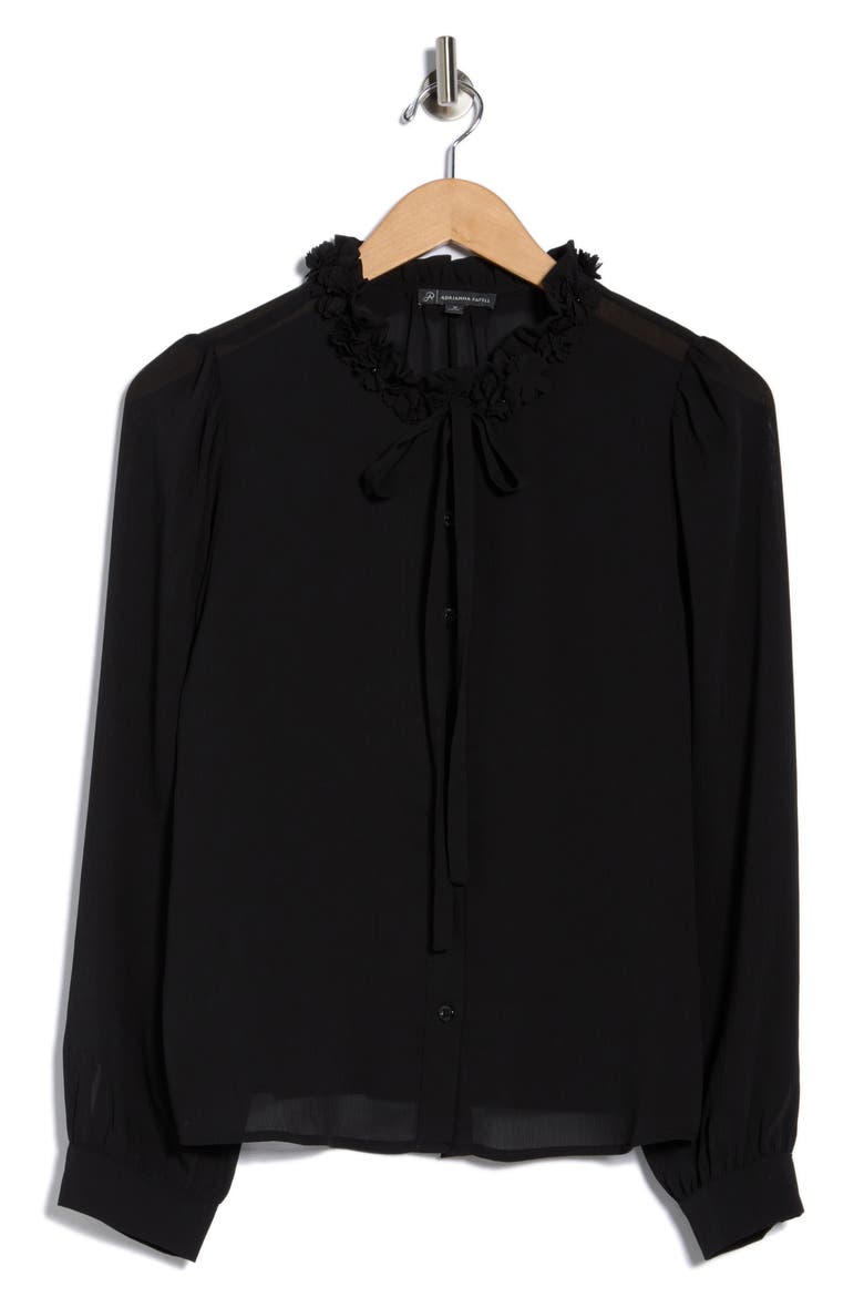 Flower Tie Neck Button-Up Shirt, Alternate, color, BLACK