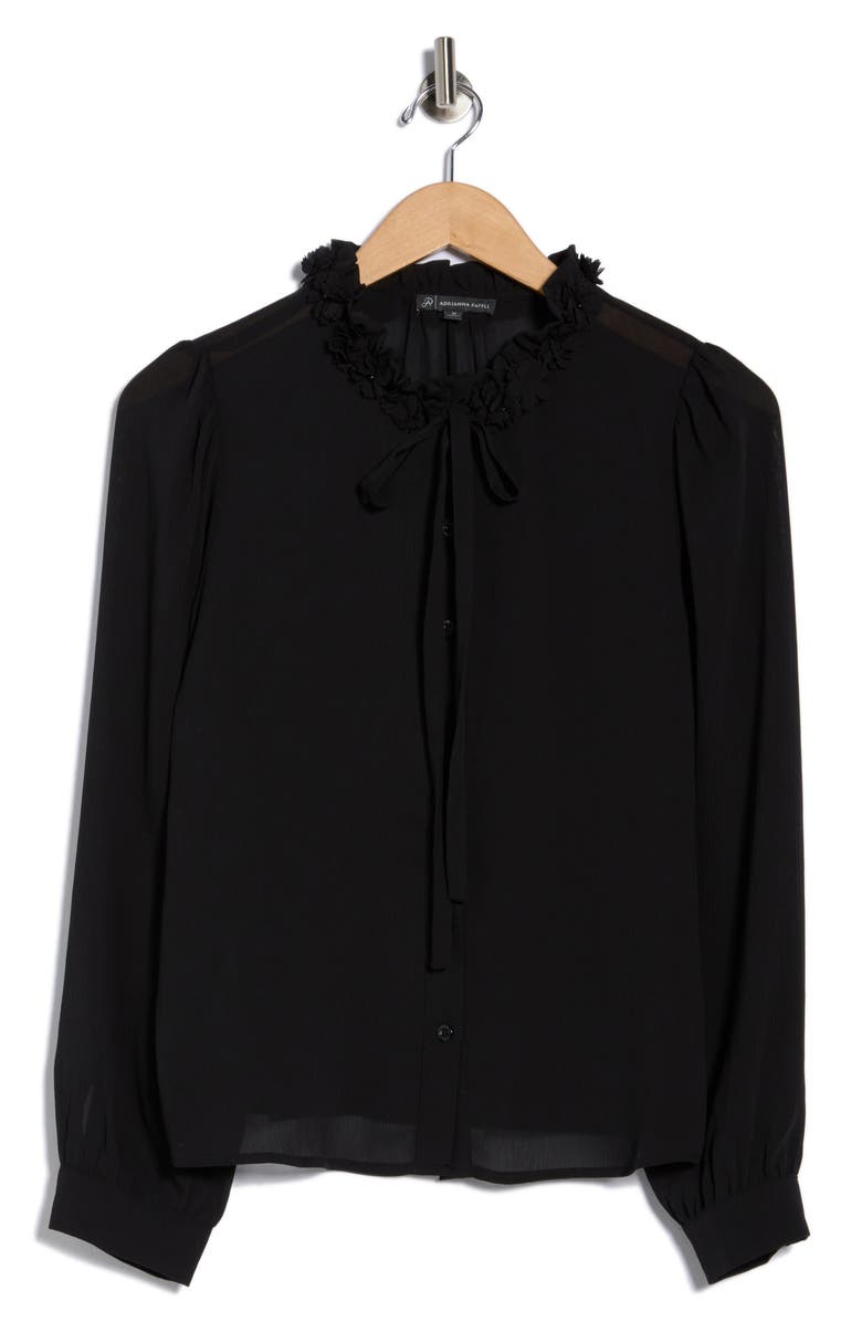 Adrianna Papell Flower Tie Neck Button-Up Shirt, Main, color, Black