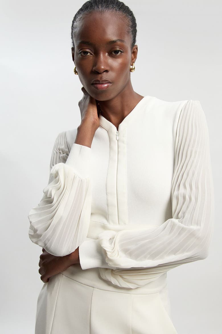 Pleated Sleeve Zip-Neck Top, Alternate, color, Ivory