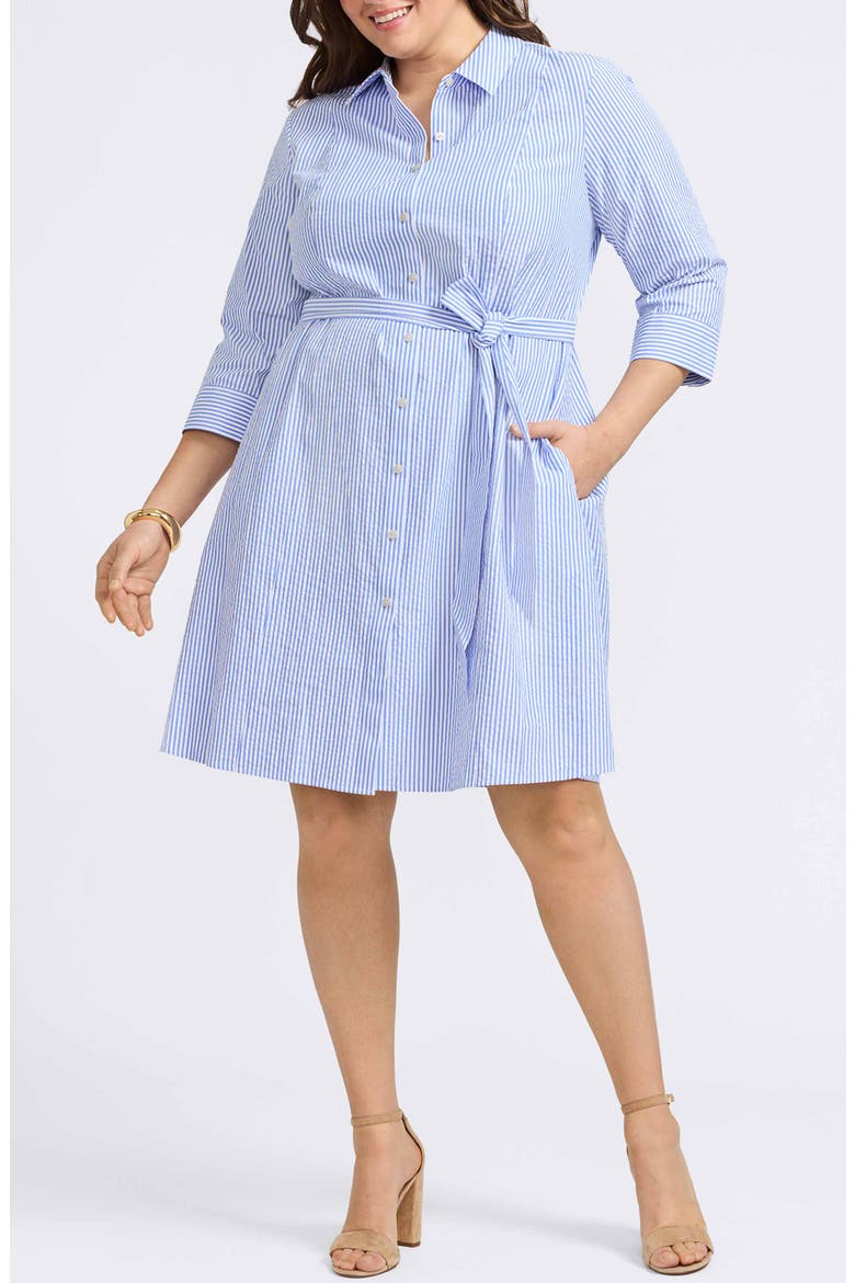 Fiona Stripe Cotton Seersucker Shirtdress, Main, color, BLUE/ WHITE