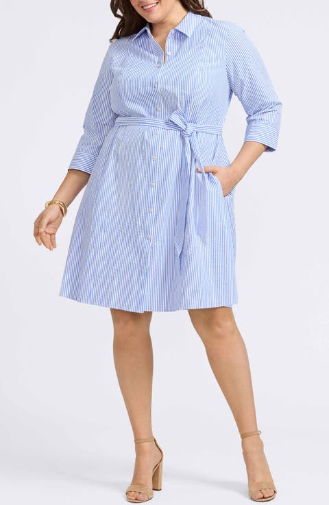 Fiona Stripe Cotton Seersucker Shirtdress (Plus)