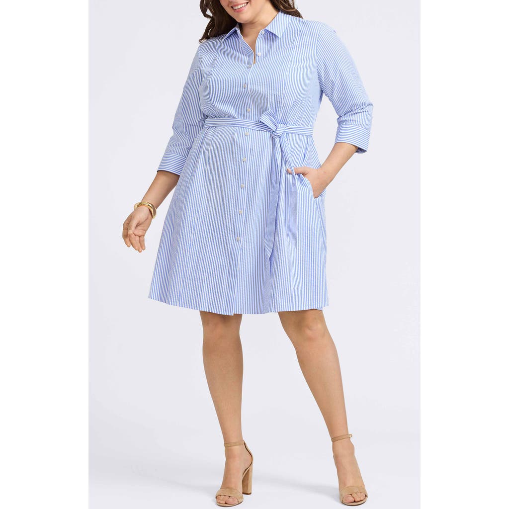 Foxcroft Fiona Stripe Cotton Seersucker Shirtdress In Blue/white