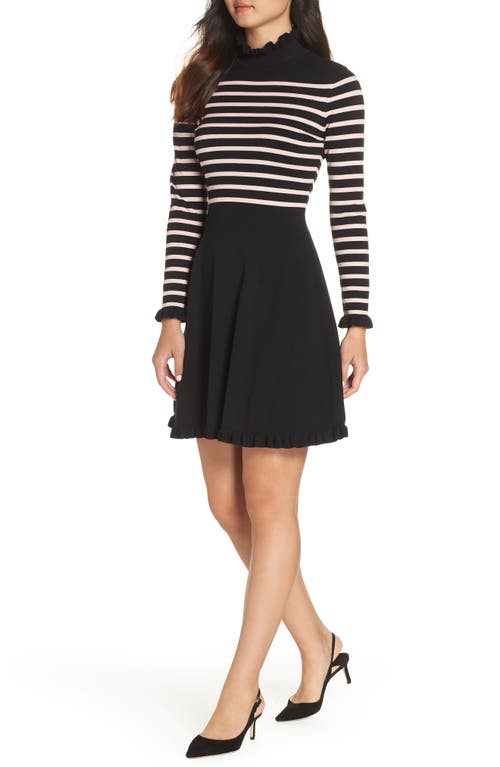 1901 Mock Neck Stripe Sweater Dress in Black- Pink Stripe 