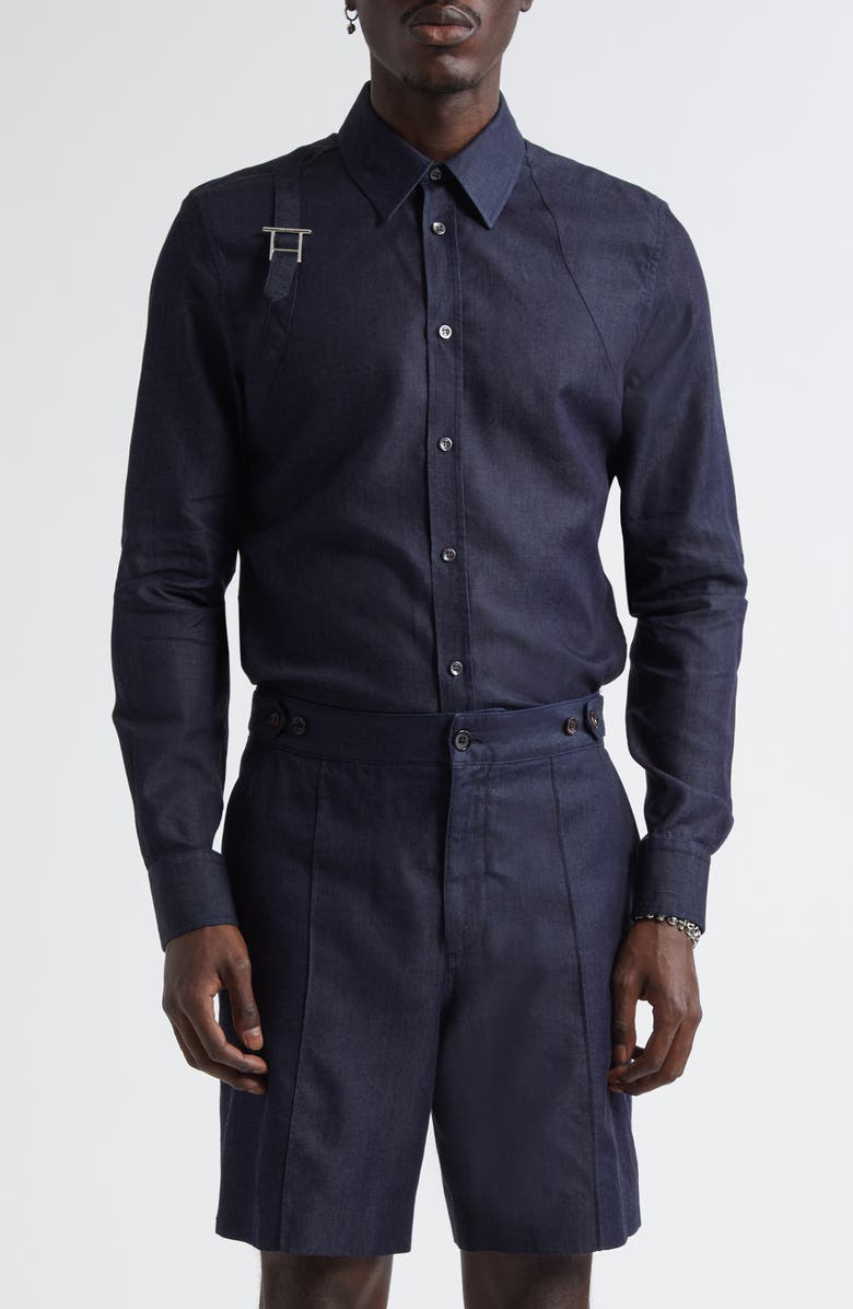 McQueen T-Bar Harness Denim Button-Up Shirt, Main, color, Indigo