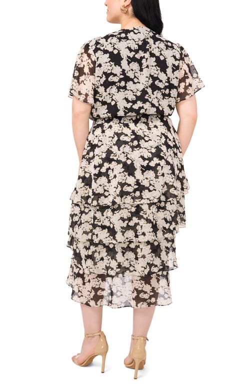 Vince Camuto Floral Tiered Flutter Sleeve Midi Dress In Rich Black