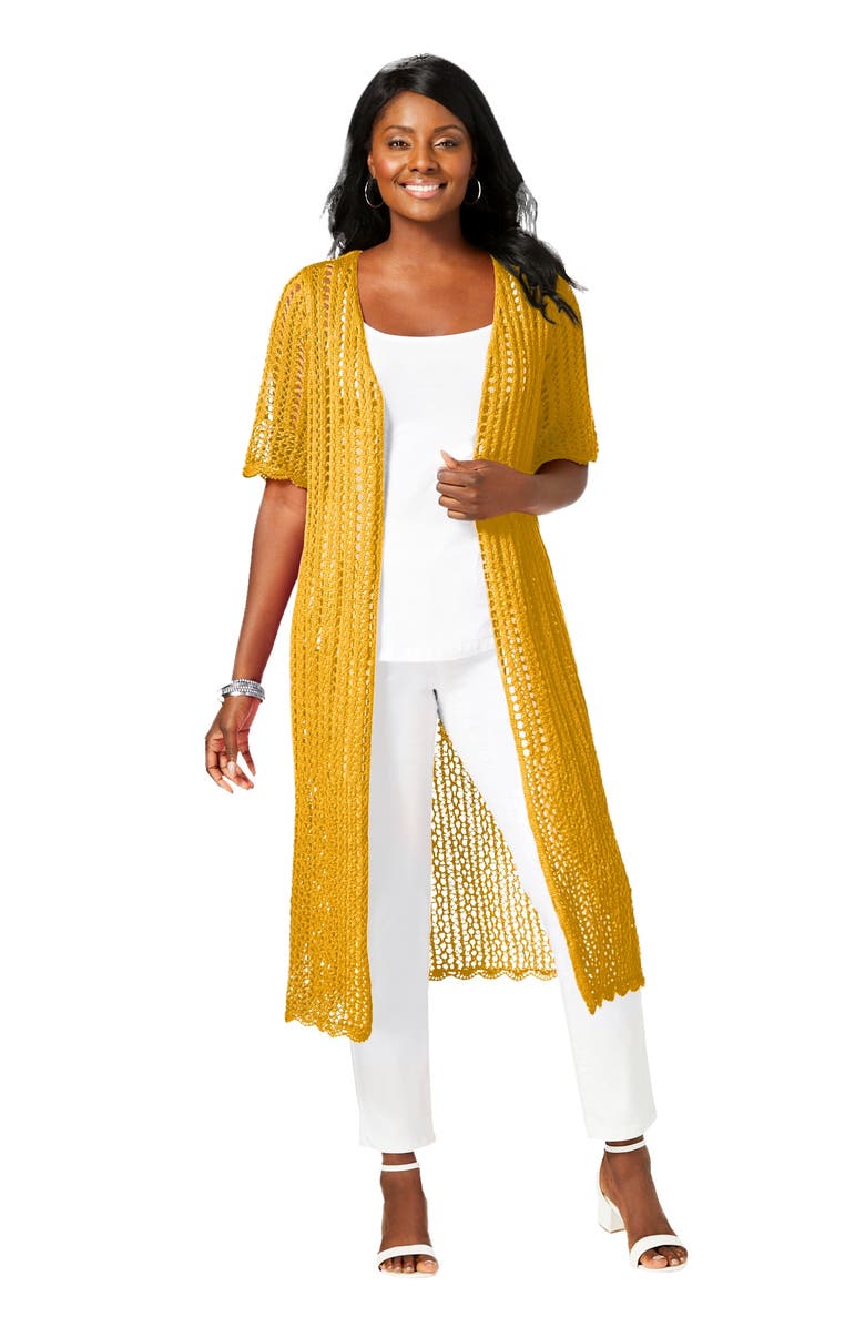 Jessica London Scalloped Crochet Sweater Duster, Main, color, Sunset Yellow