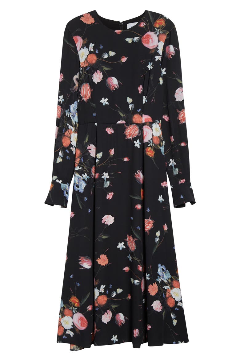 Floral Long Sleeve Crepe Midi Dress, Alternate, color, DUTCH FLOWER PAINTING BLACK