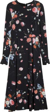 Erdem Floral Long Sleeve Crepe Midi Dress