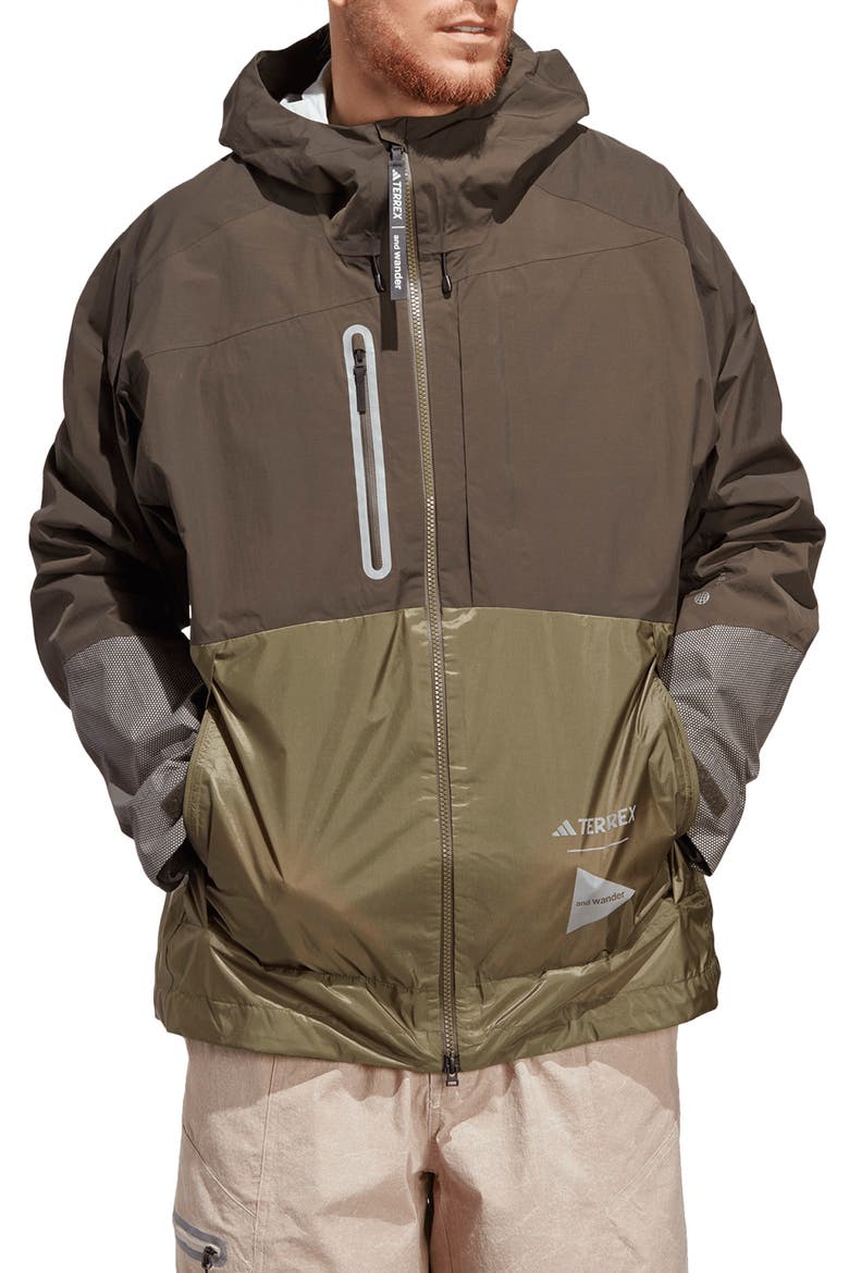 x and wander Terrex Xploric Rain.RDY Water Repellent Hooded Jacket, Main, color, SHADOW OLIVE/ OLIVE STRATA