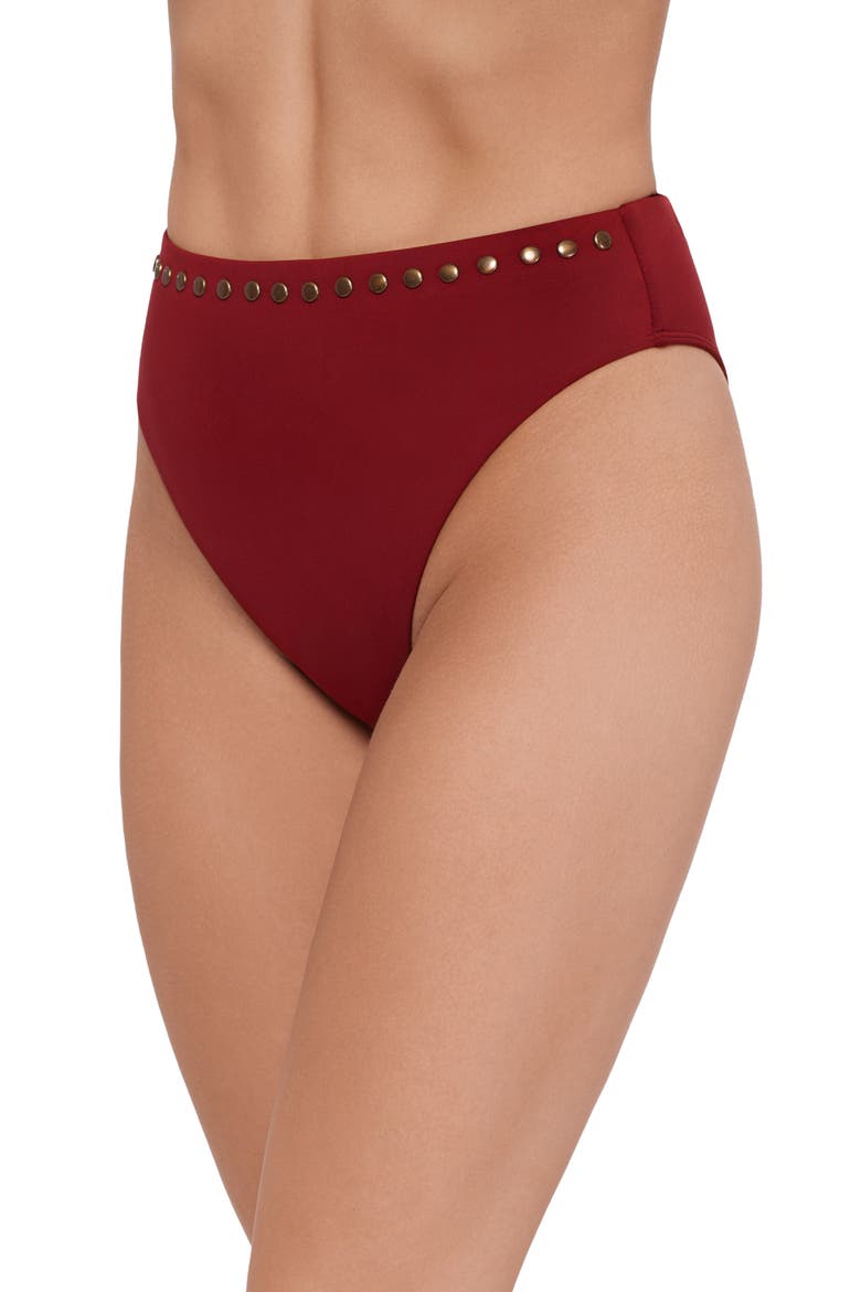 Studded High Cut Bikini Bottoms, Alternate, color, SANGRIA