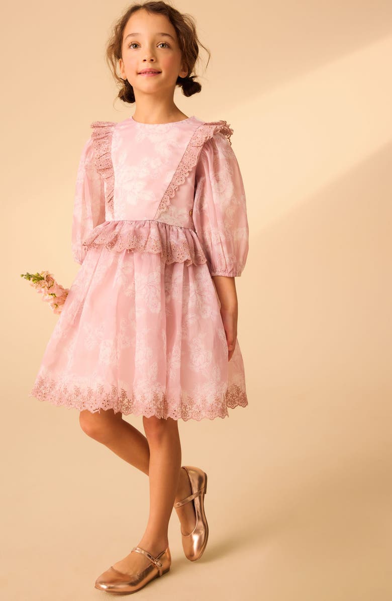 Laura Ashley Kids' Floral Long Sleeve Eyelet Embroidered Organza Dress, Main, color, Pink