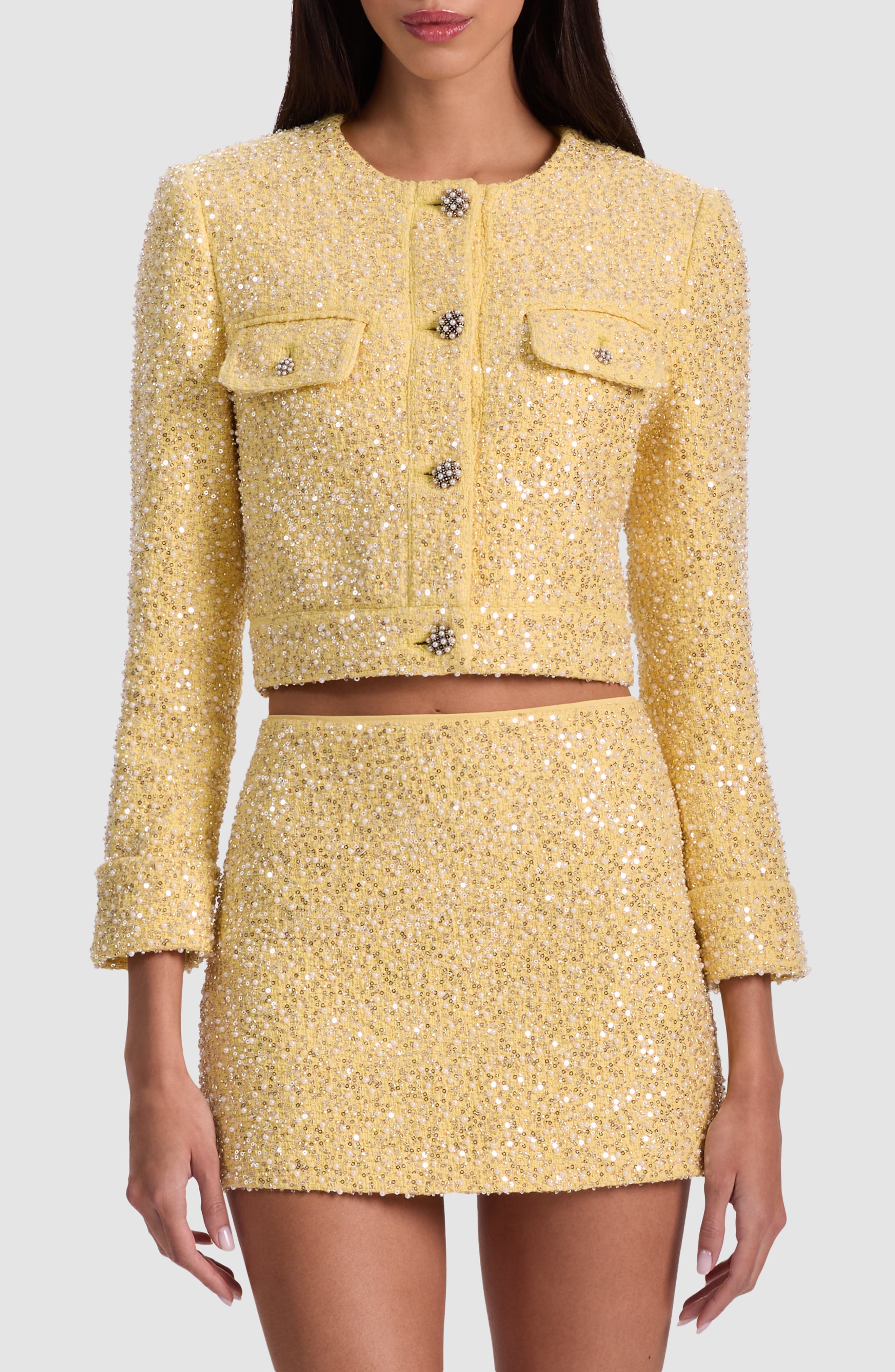 Alice And Olivia Lorie Embellished Tweed Jacket In Yellow