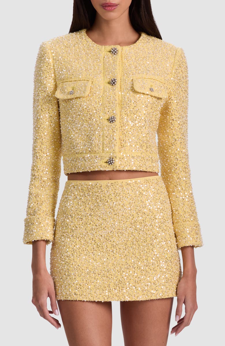 Alice + Olivia Lorie Embellished Crop Tweed Jacket, Main, color, Butter