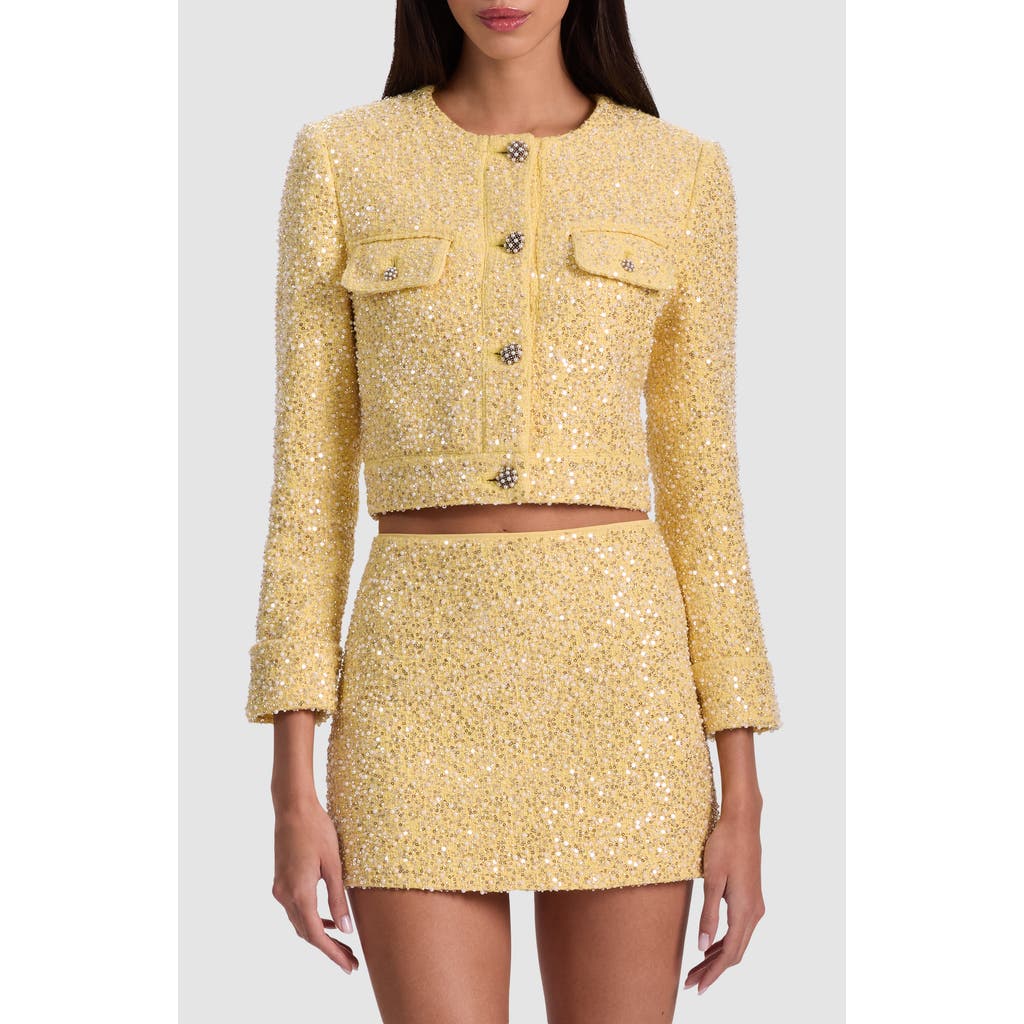 Alice And Olivia Lorie Embellished Tweed Jacket In Yellow