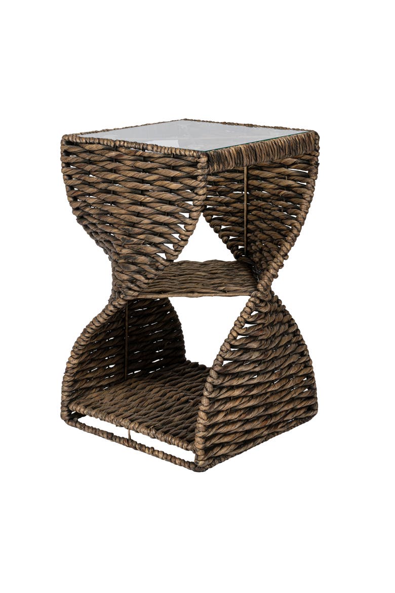 Suraya Bohemian Woven Swirl Square End Table with Glass Top, Open Storage Shelf, Hourglass Accent Side Table, Main, color, Brown