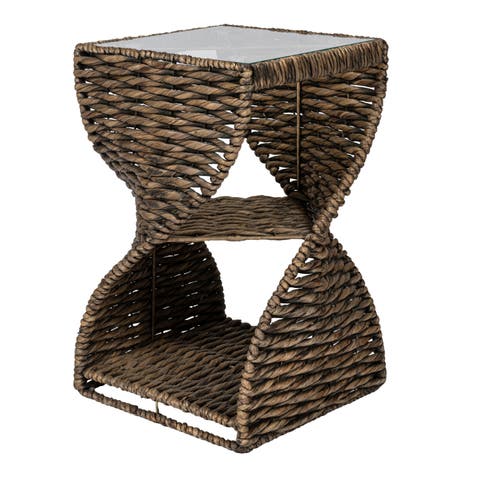 Suraya 14" Coastal Bohemian Handwoven Water Hyacinth Sculptural Twisted End Table with Glass Top and Storage Shelf