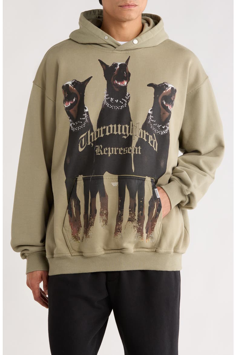 Thoroughbred Oversize Cotton Graphic Hoodie, Main, color, KHAKI
