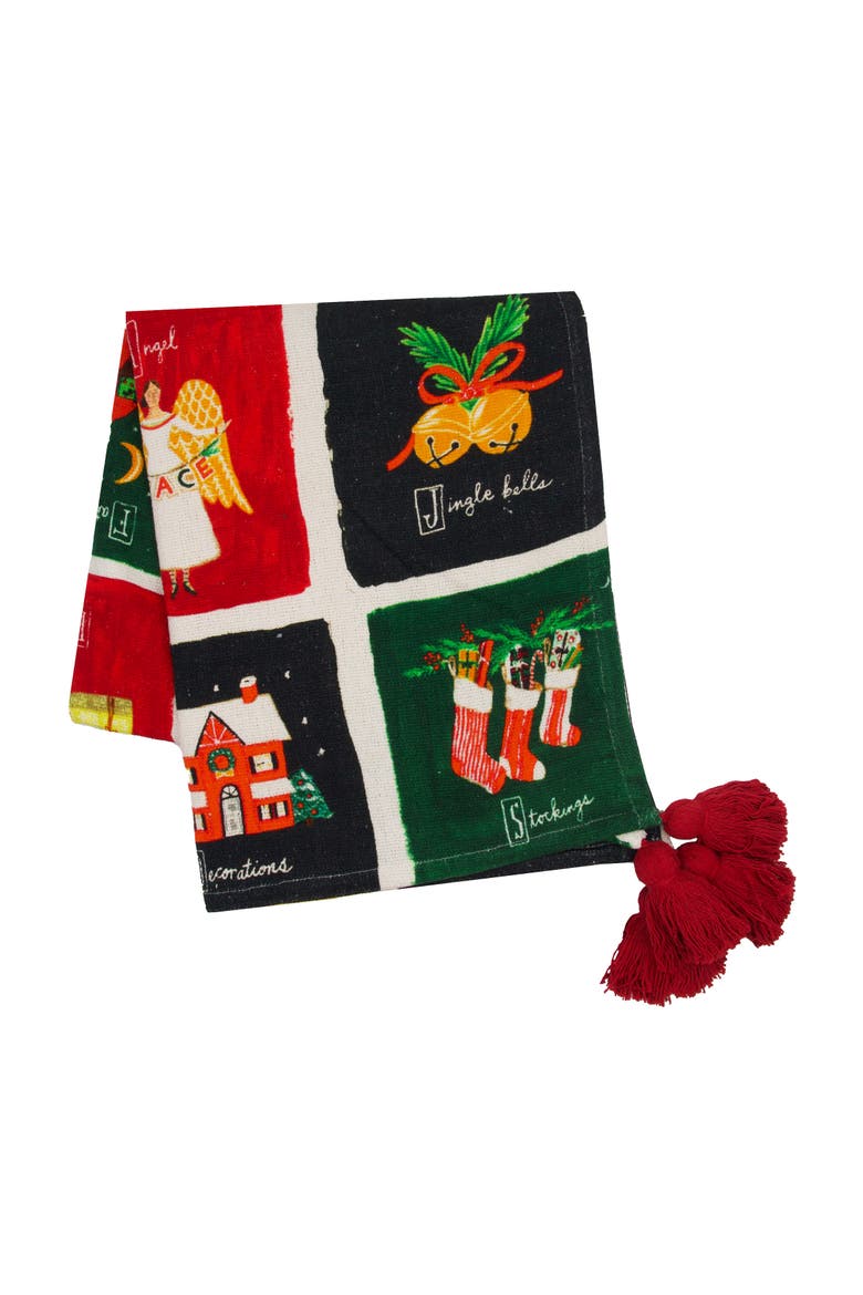Christmas Alphabet Grid Printed 100% Cotton Handwoven Throw Blanket w/ Red Tassels 50" x 60", Main, color, Green