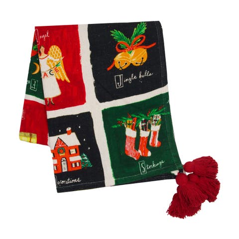 Christmas Alphabet Grid Printed 100% Cotton Handwoven Throw Blanket w/ Red Tassels 50" x 60"