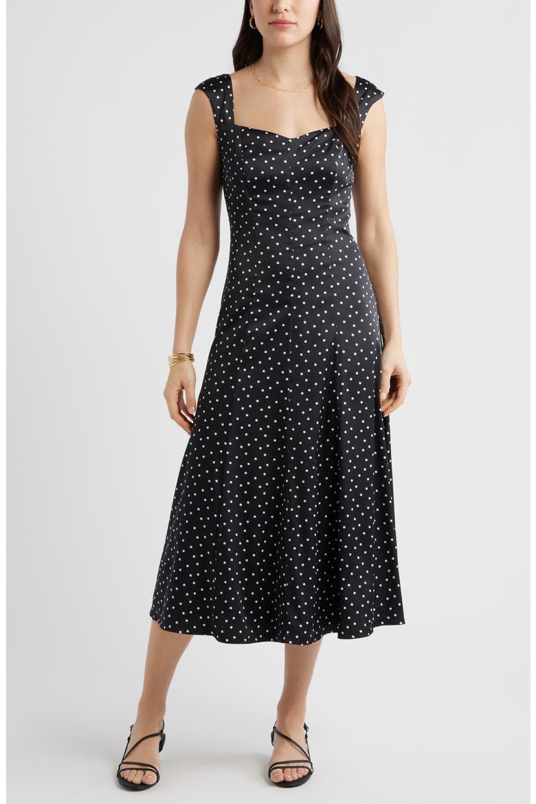 Cap Sleeve Satin Midi Dress, Main, color, BLACK DELILAH DOT