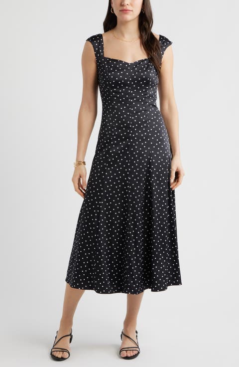 Polka Dot Cap Sleeve Satin Midi Dress