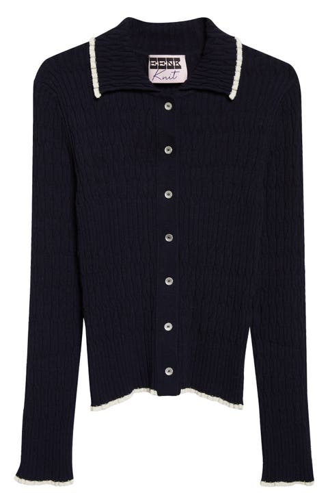 Contrast Trim Pointelle Cable Knit Cardigan