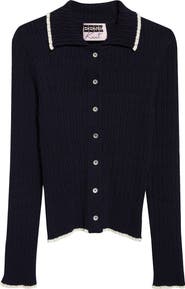 EENK Contrast Trim Pointelle Cable Knit Cardigan