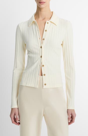 Vince Collar Rib Cardigan In White