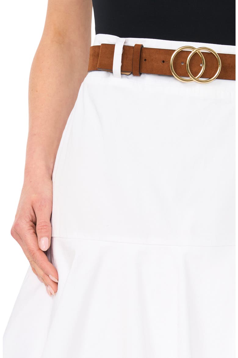 Tiered Denim Midi Skirt with Brown Golden Buckle Belt, Alternate, color, ULTRA WHITE