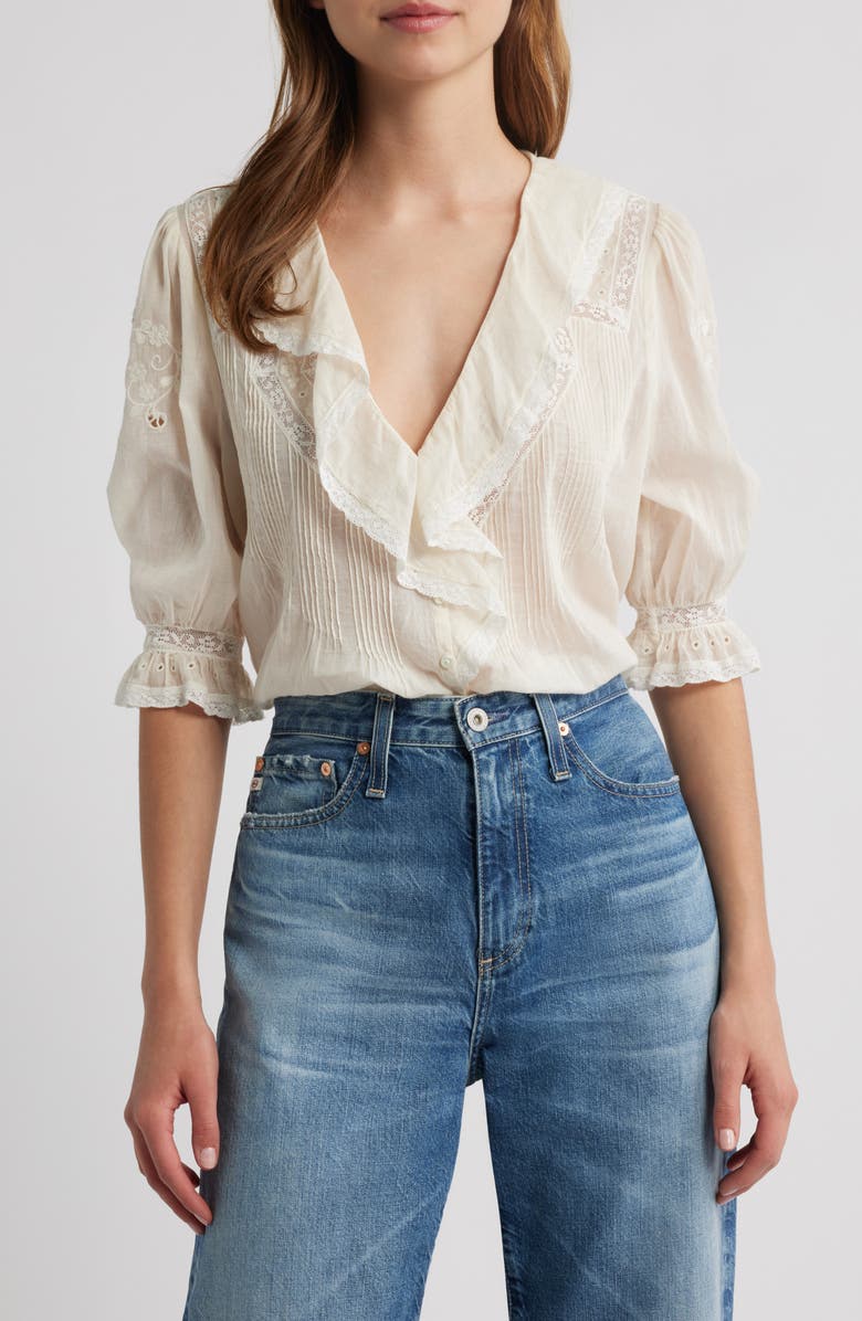 LoveShackFancy Sinora Lace & Ruffle Top, Main, color, Optic White