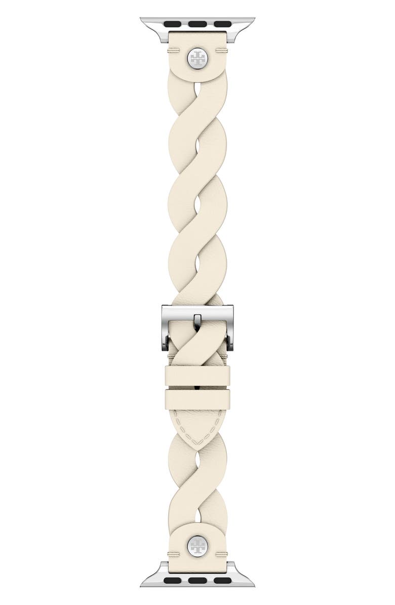 Tory Burch The Miller Braided Leather 20mm Apple Watch<sup>®</sup> Watchband, Alternate, color, Ivory