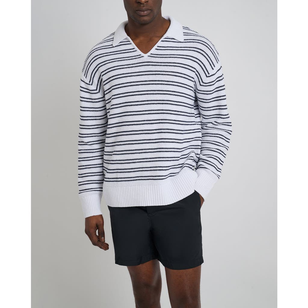 Onia Cotton Linen Textured Long Sleeve Polo In White/deep Navy